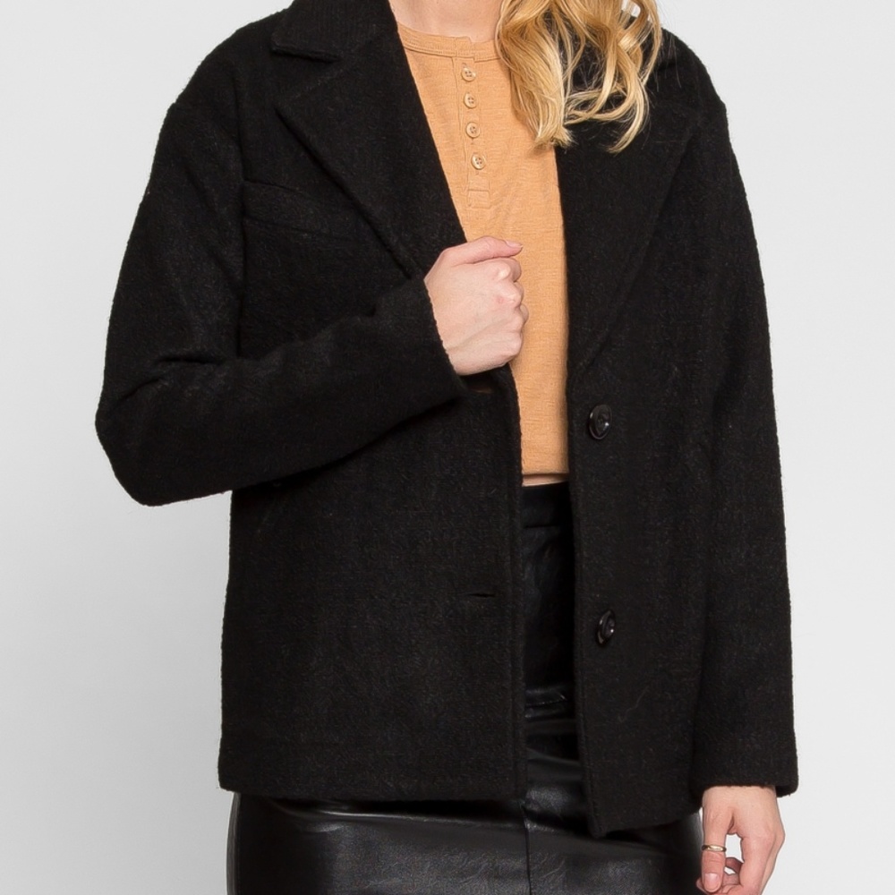 Black Boucle Textured Wool Blend Blazer Coat